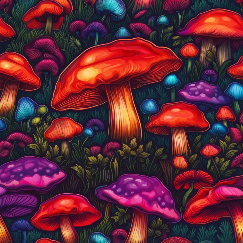 Realistic Neon Rainbow Mushroom in Poppy Field