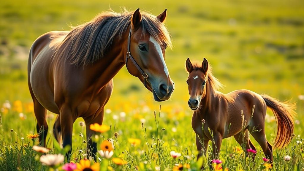 Horse Mother and Foal in Idyllic Summer Landscape