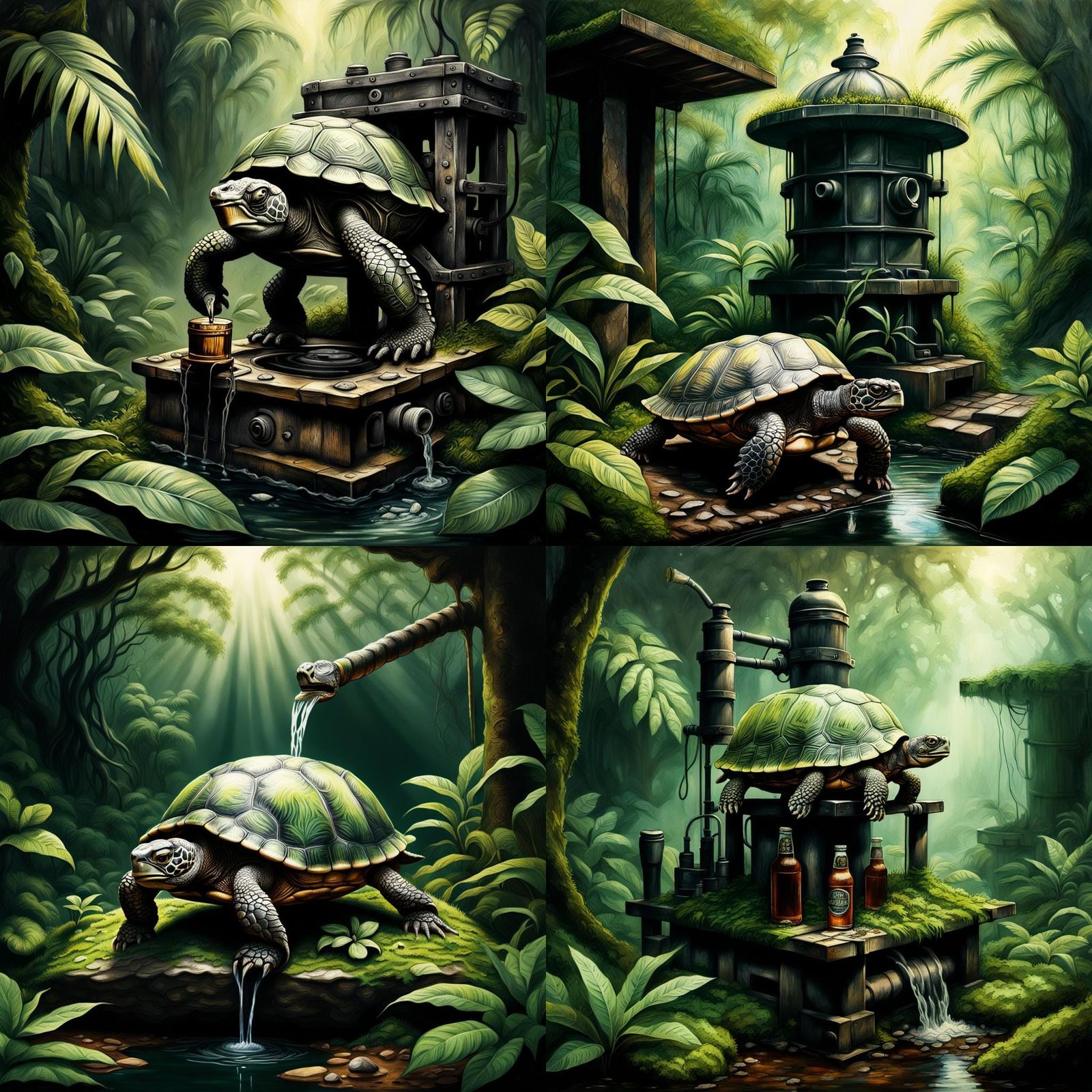 Turtle in Jungle with Beer: Hyperdetailed Charcoal Art