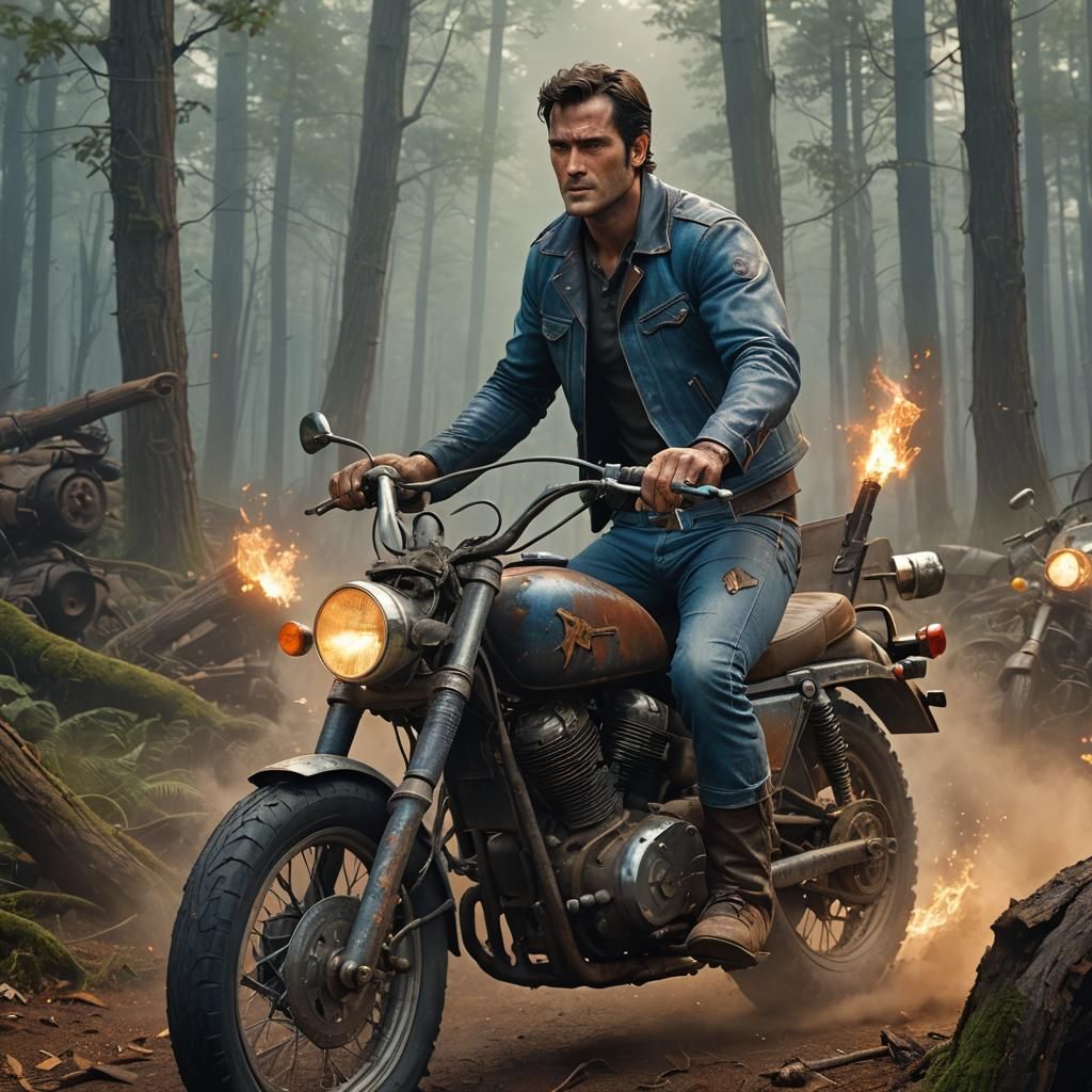 Ash Williams Rides Motorcycle Through Mystical Forest
