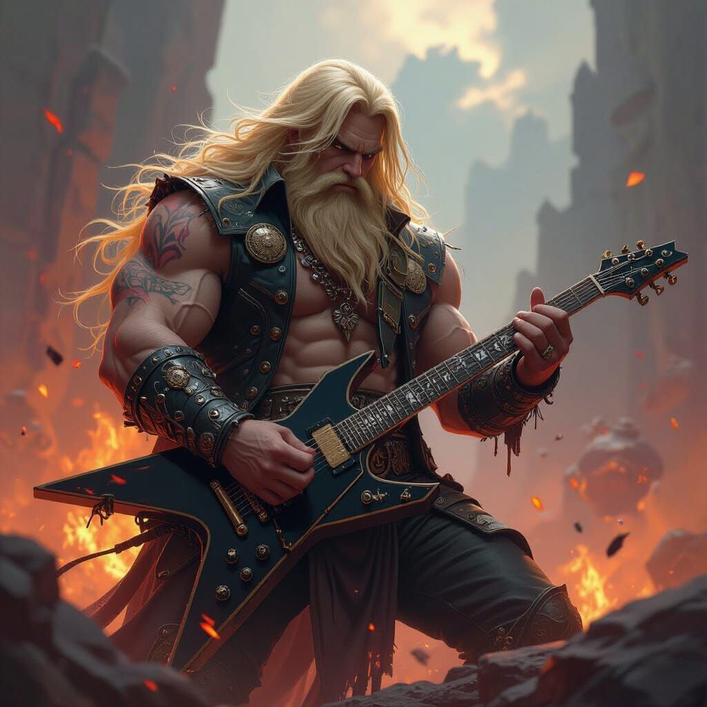 Fantasy Giant Shreds Guitar in Dark Metal Art Style