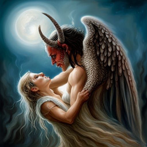 Devil and Angel Kiss in Luis Royo Style