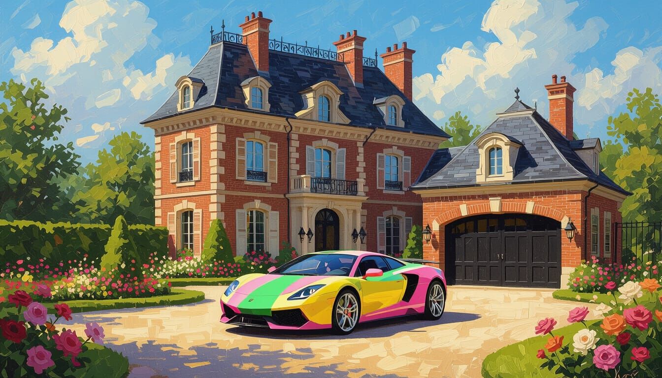 Elegant Chateau with Sportscar in Vibrant Garden