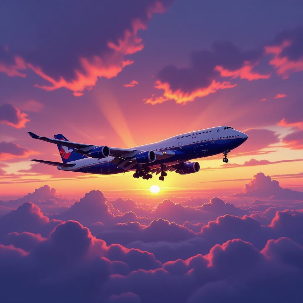 Boeing 747 Soars at Sunset Sky