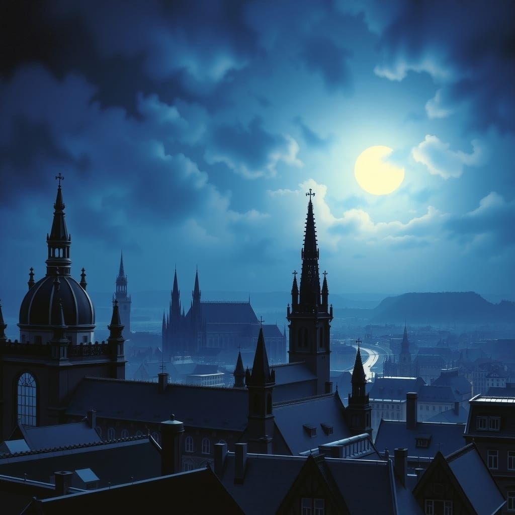 Moonlit Cityscape in a Dramatic, Atmospheric Style