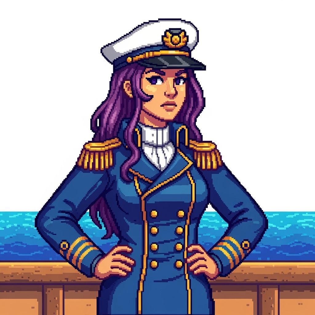 Purple-Haired Captain in Stardew Valley Pixel Art