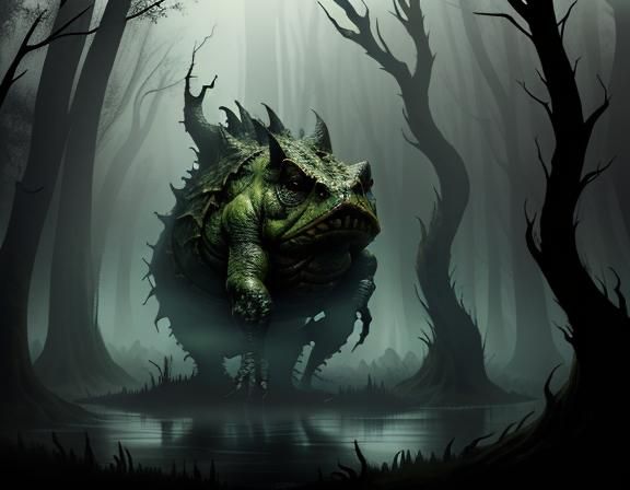 Bullywug in Misty Swamp: Dark Fantasy Illustration