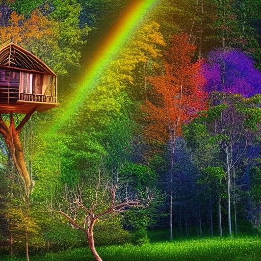 Enchanted Treehouse in Forest with Rainbow