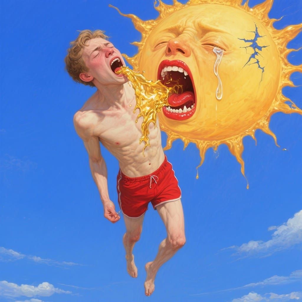 Man Bites Sun in Surreal Agony