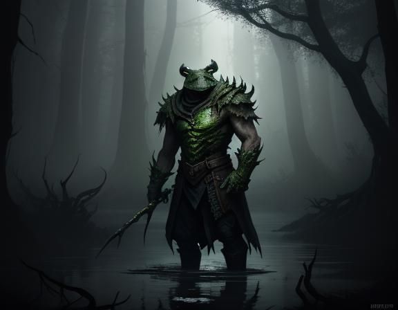 Menacing Bullywug in Misty Swamp, Dark Fantasy Art