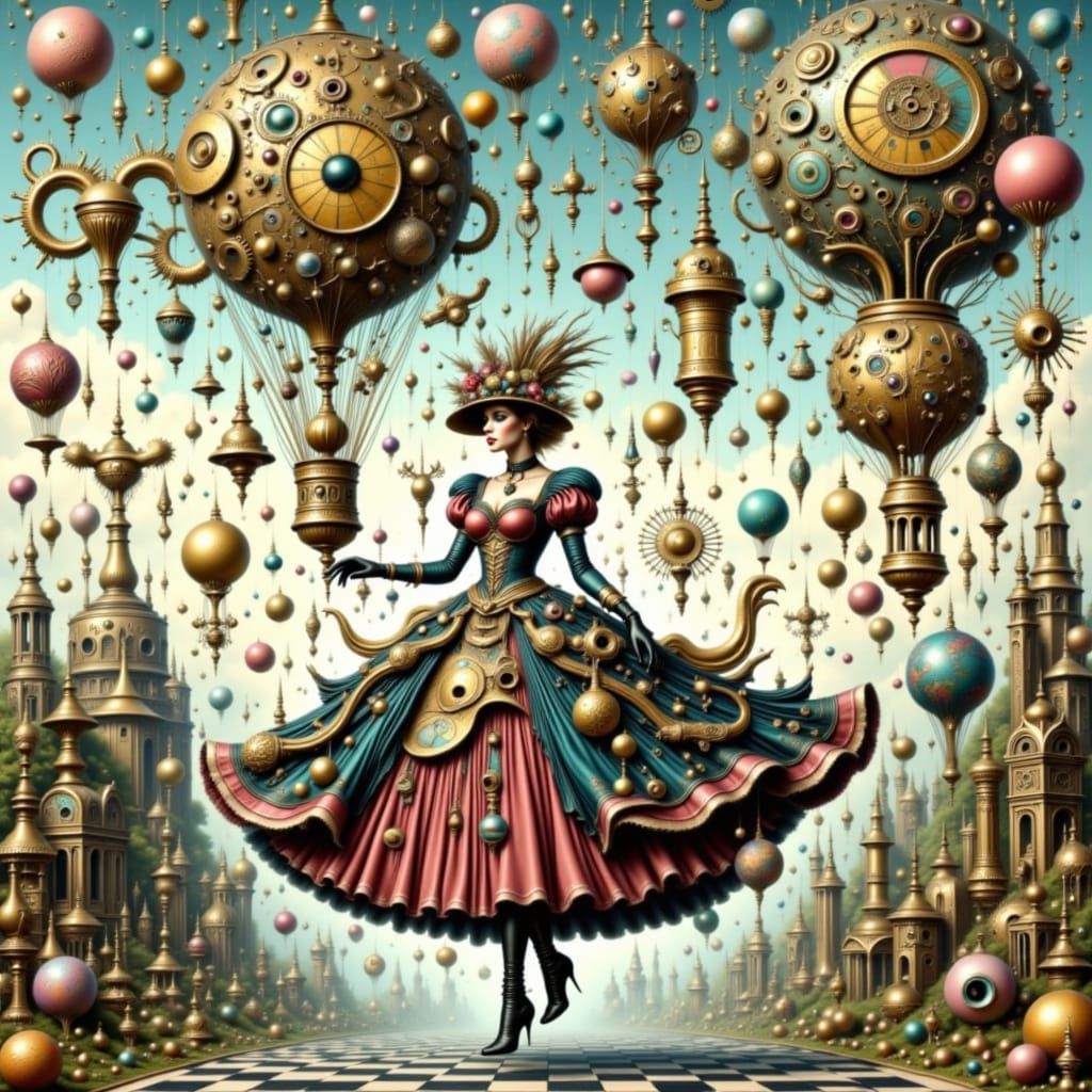 Steampunk Woman in Surreal Chessboard Landscape