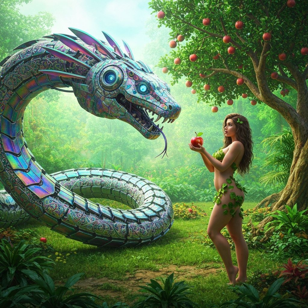 Mechanical Serpent and Goddess in Hyper-Realistic Eden