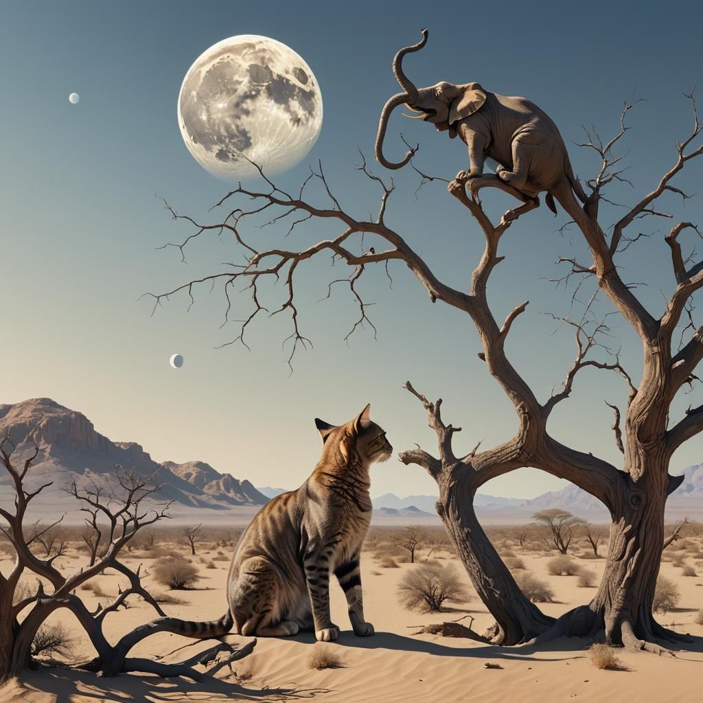 Surreal Desert Cat on Branch in African Landscape