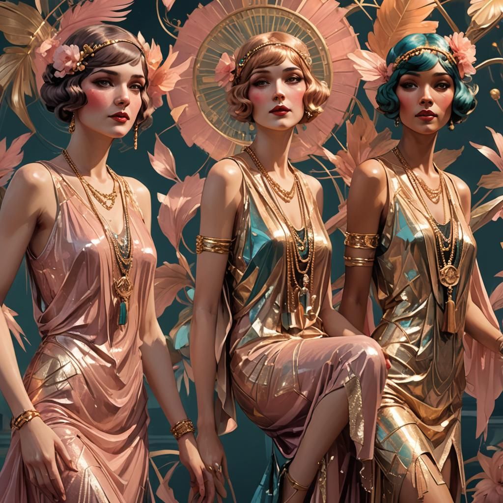 Flapper Girls in Pink and Gold Dresses