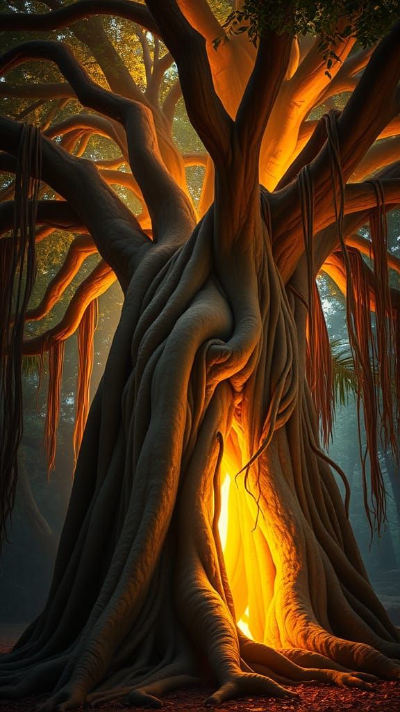 Ethereal Banyan Tree in a Radiant, Yellow Glow