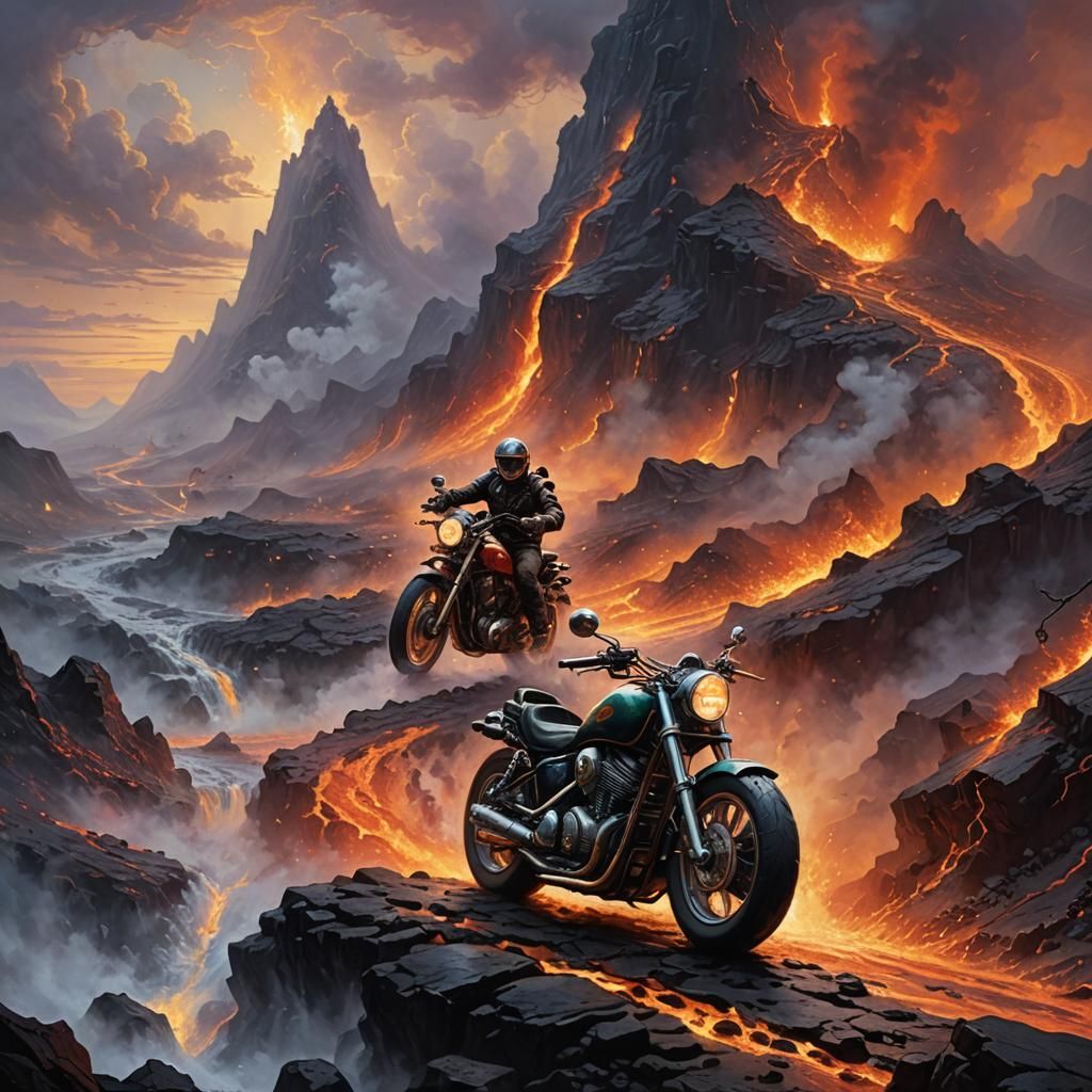 Motorcycle Rides Lava River: Ethereal Fantasy Scene
