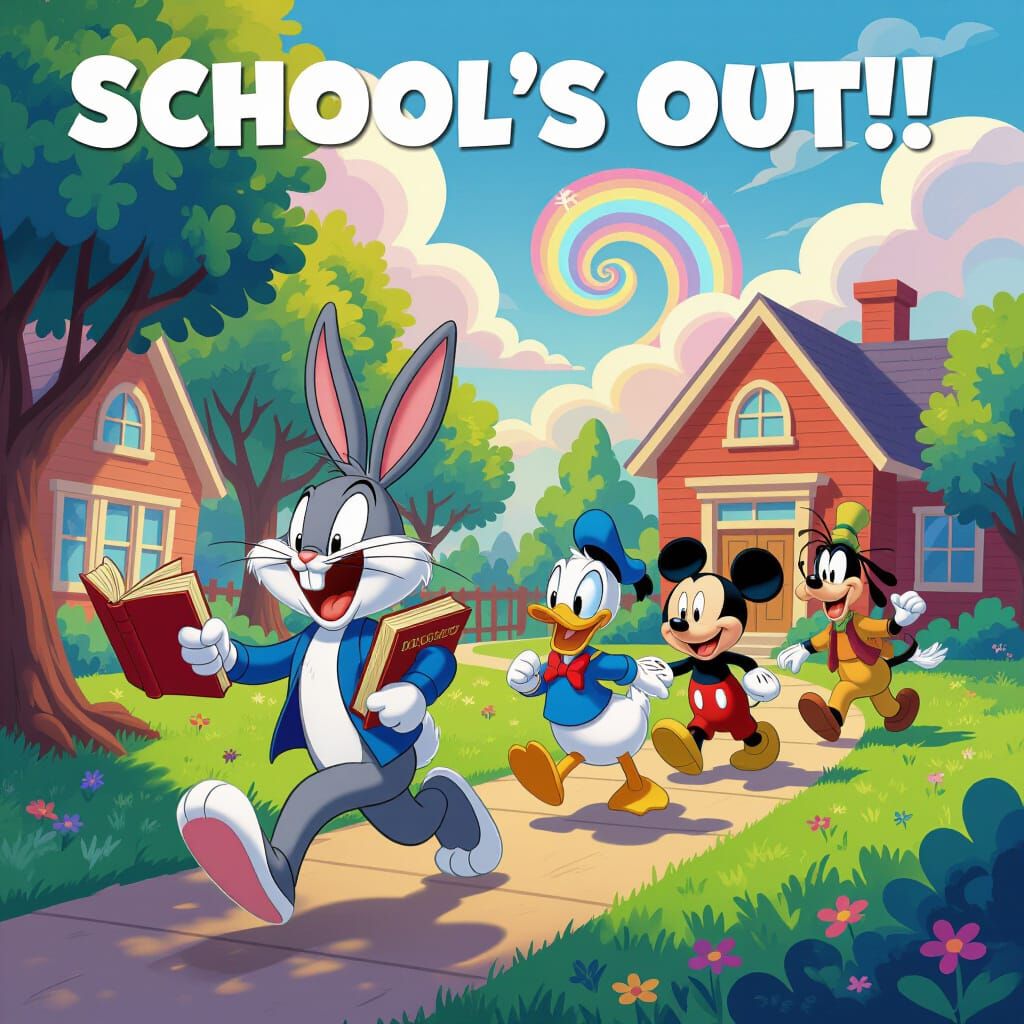 Bugs Bunny running away from schoolyard with books & a giant laugh, teeth showing, teeth grinning. Donald Duck, Mickey M...