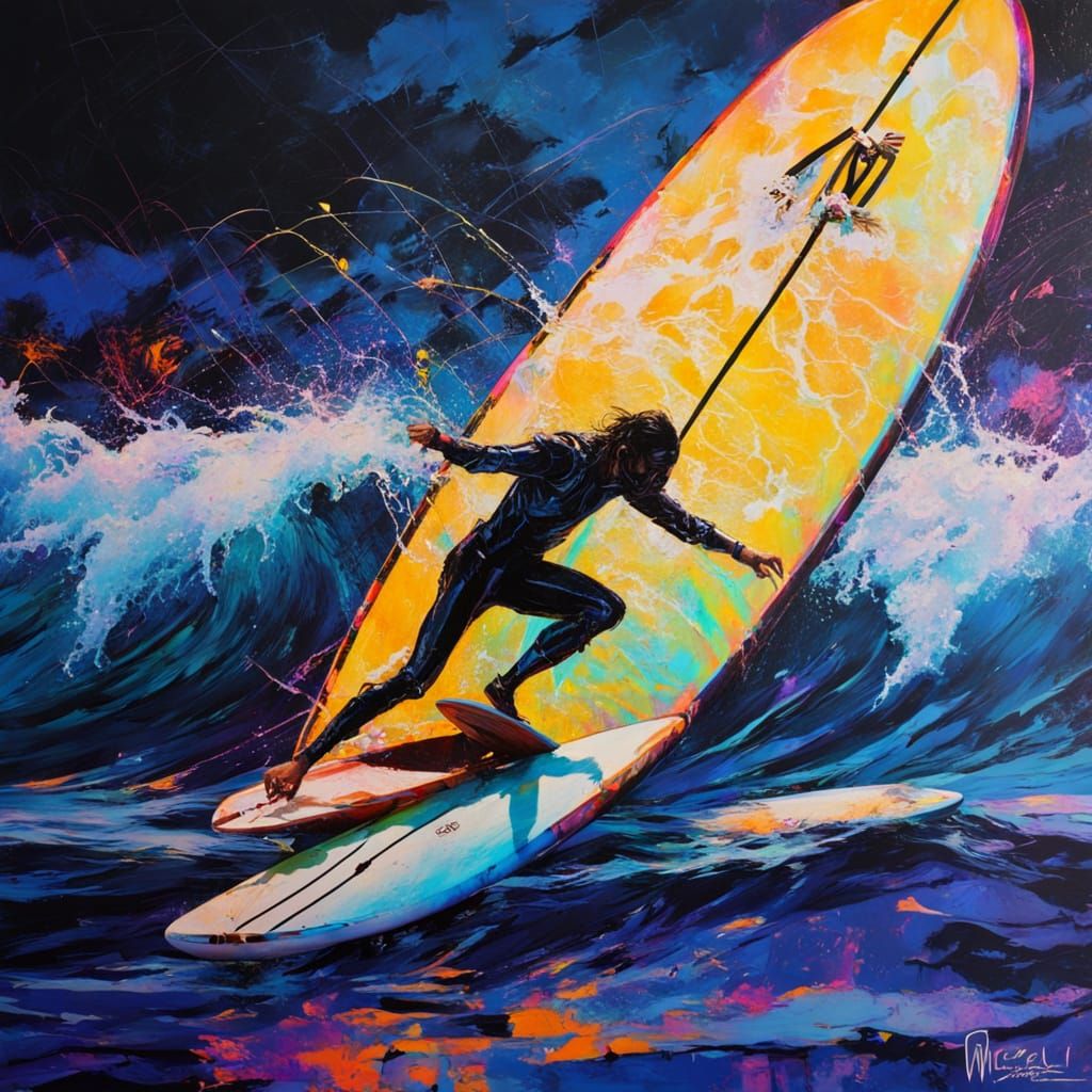 Kintsugi Surfboard in Blacklight Neon Style