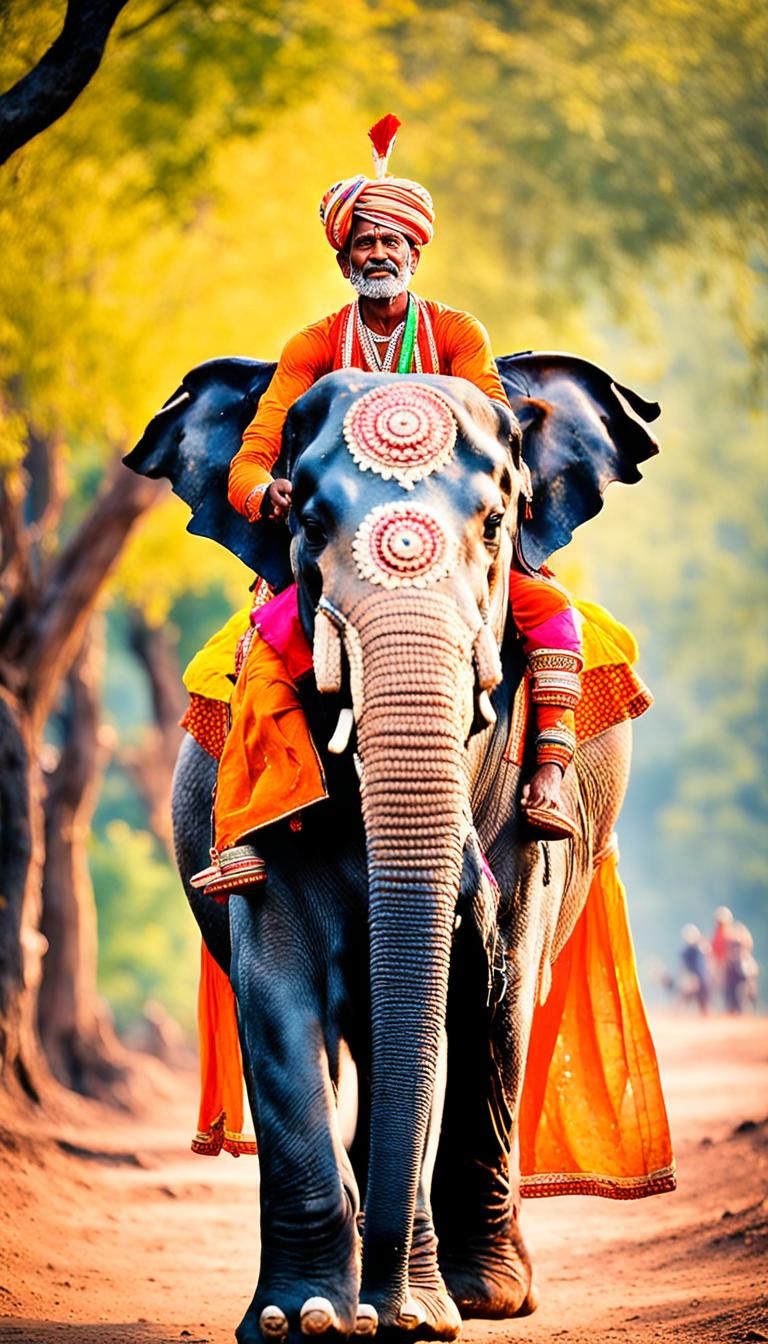 Indian Maharaja on Elephant with Tribe