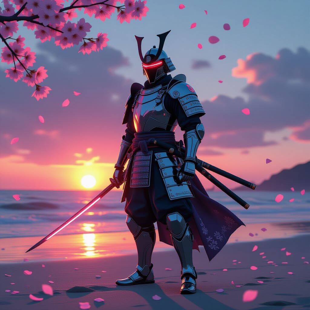 Cyberpunk Samurai on Desolate Beach at Sunset