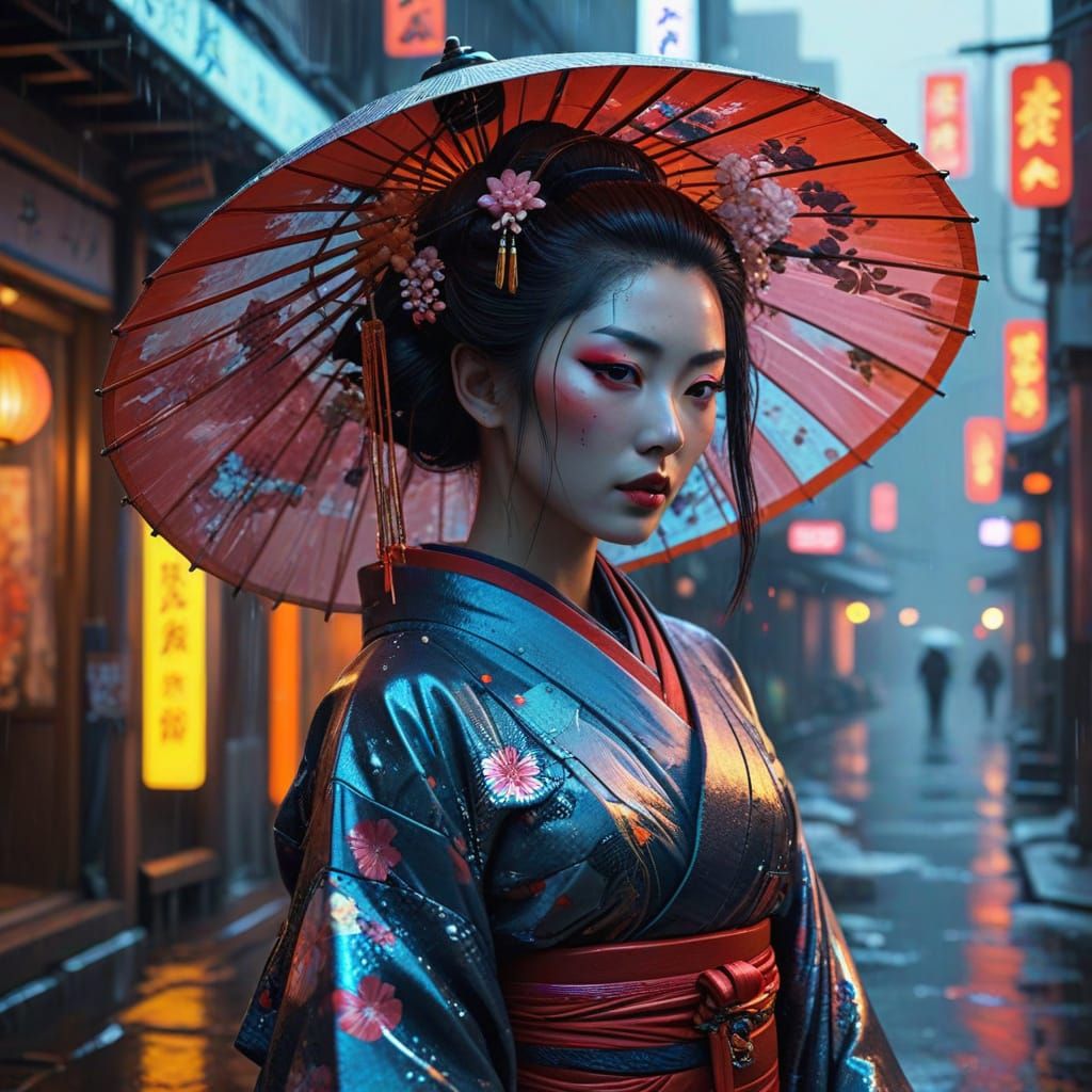 Cyberpunk Fantasy Geisha in Neon-Lit Metropolis