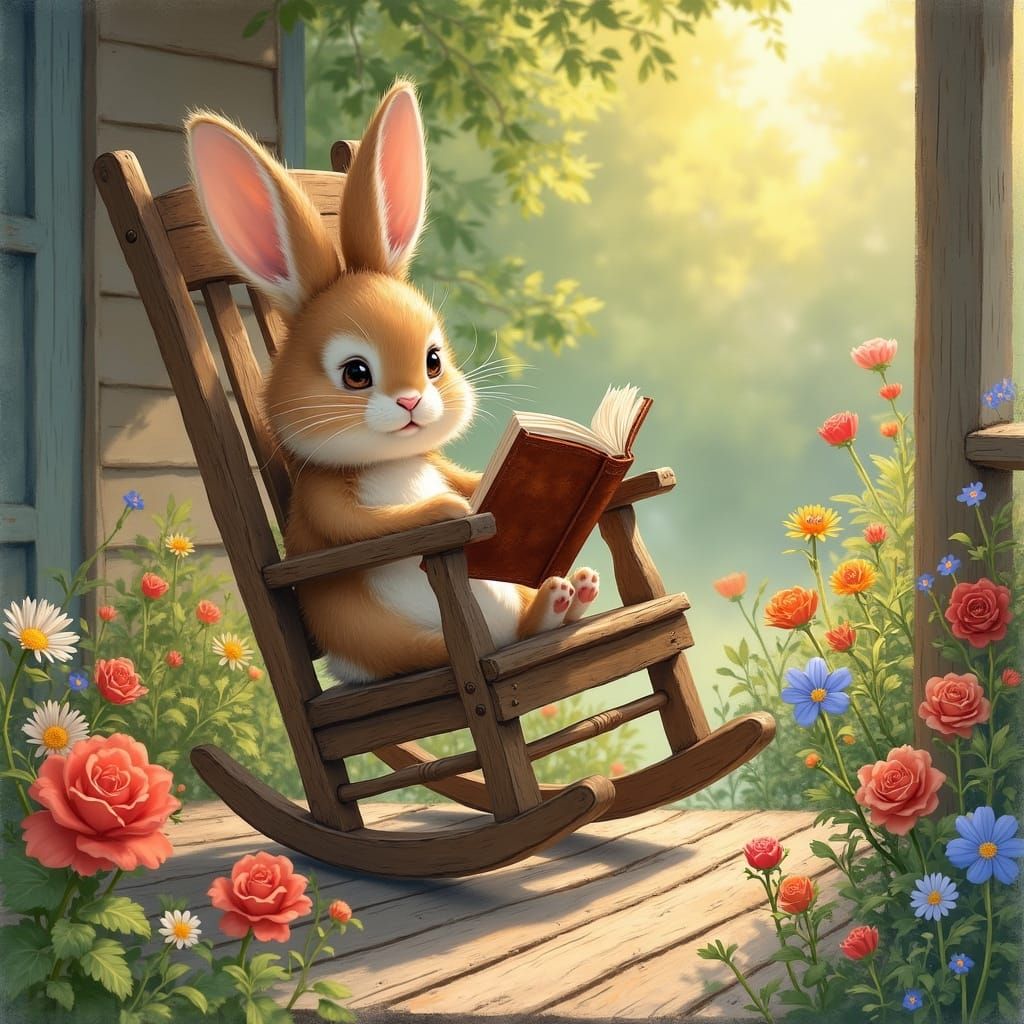 Bunny in Whimsical Garden Reading in Morning Sunshine