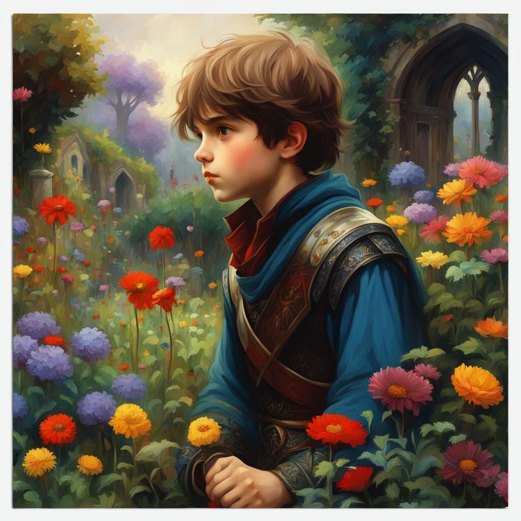 Gloomy Boy in Medieval Garden, Waterhouse Style