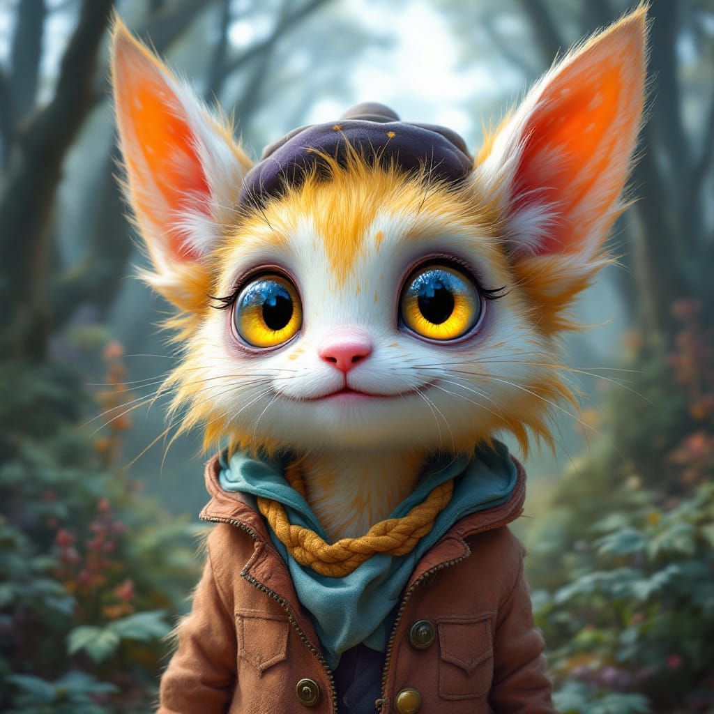 Whimsical Creature in Mystical Forest, Pastel Art