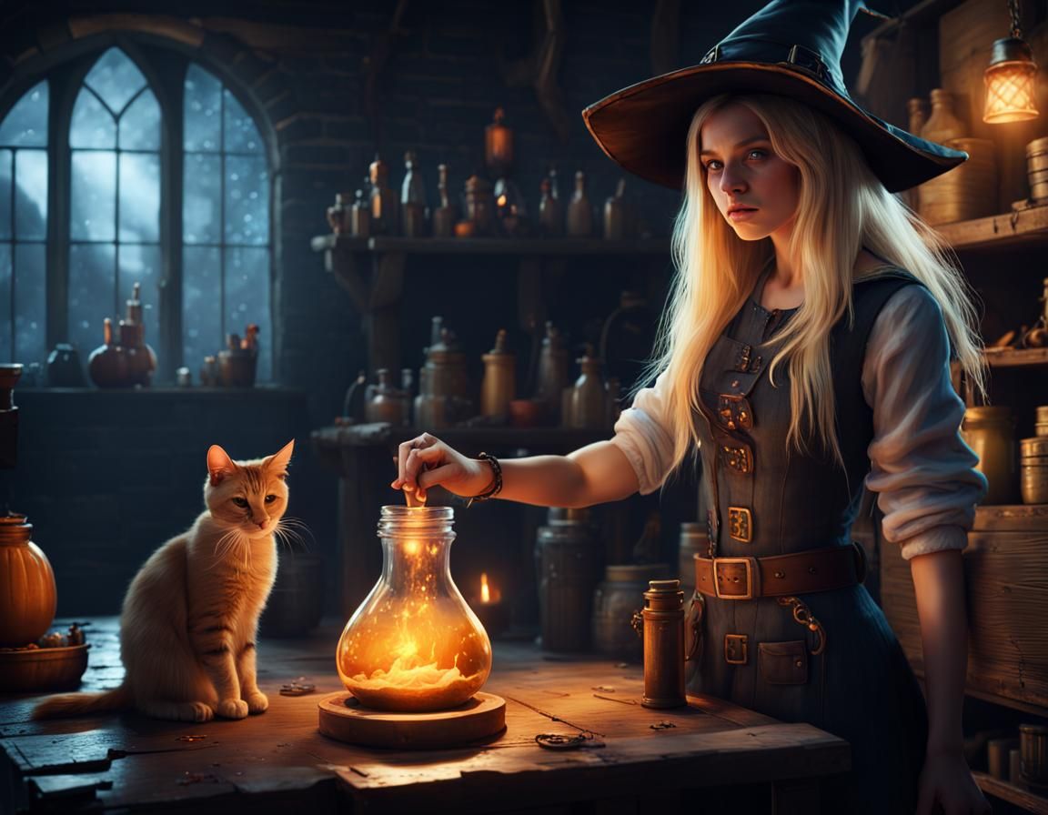 Teenage Witch Brewing Potions in Basement