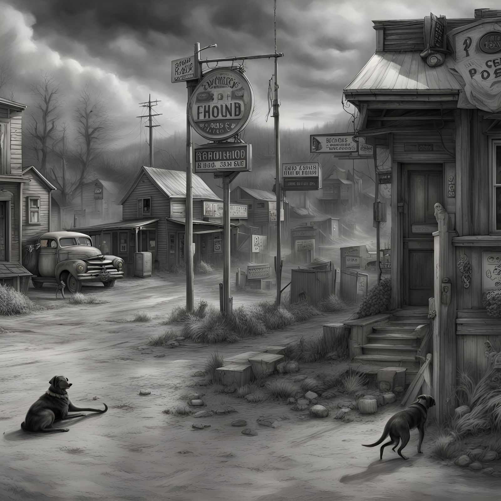 Detailed Charcoal Drawing of Abandoned Town with Family