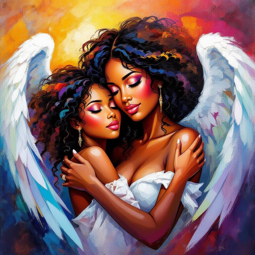 Abstract Angel Embracing Black Woman in Vibrant Detail