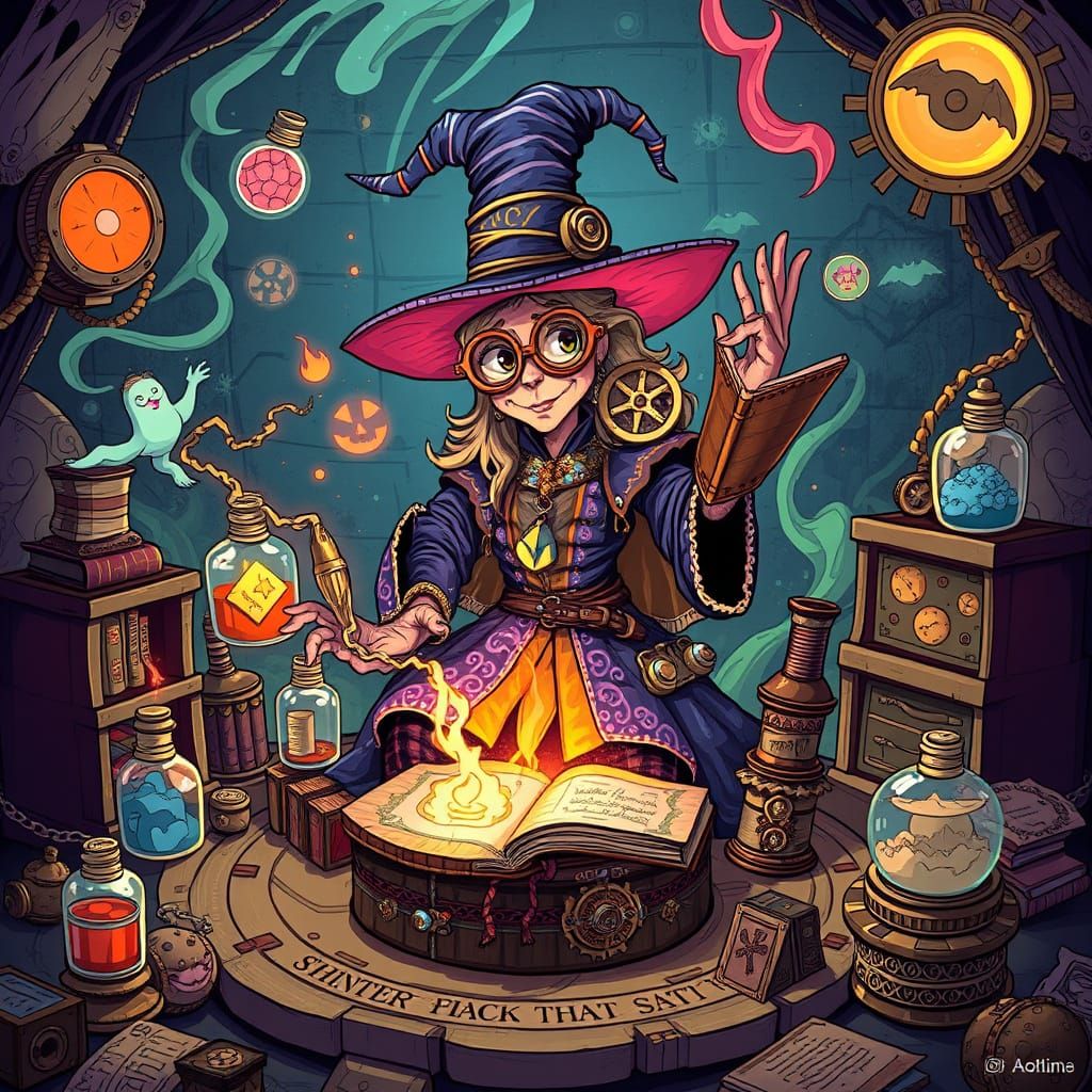 Steampunk Witch Performing Magic in Vibrant Style