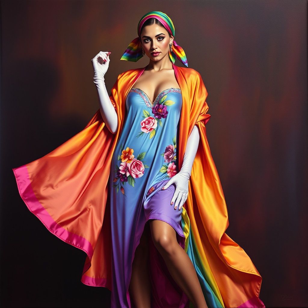 Regal BBW woman adorned in vibrant, ombre-effect rainbow satin, exuding confidence and poise. She wears a flowing, floor...