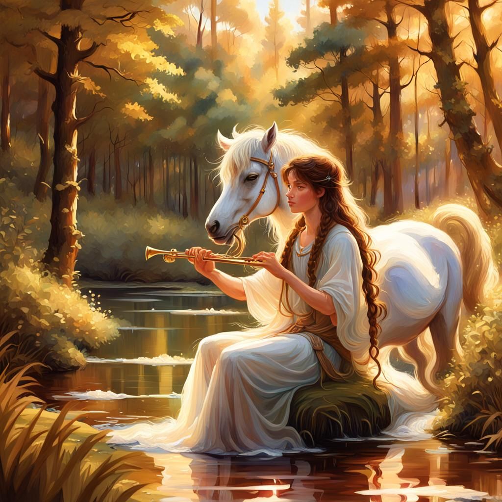 Centaur's Flute Song in Sunlit Forest Clearing