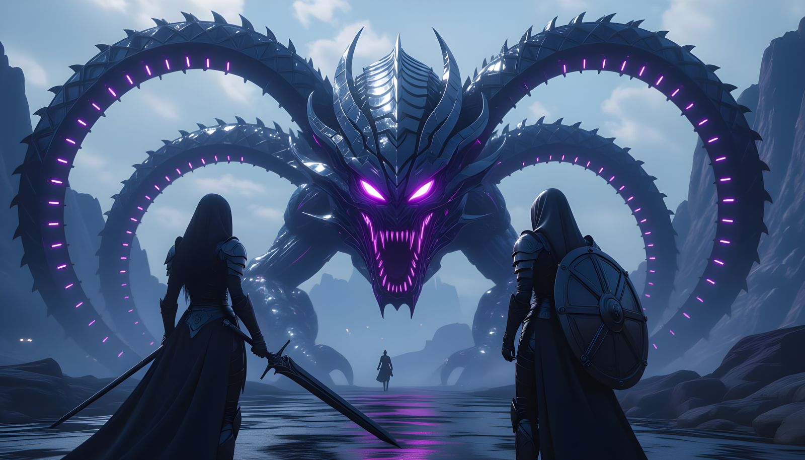 Gothic Knight Faces Cyberpunk Hydra in Cinematic Style