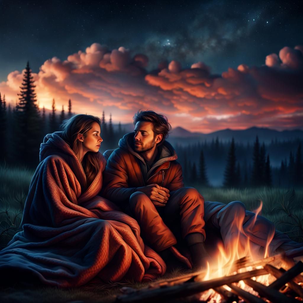 Couple Admiring Night Sky in Maximalist Landscape