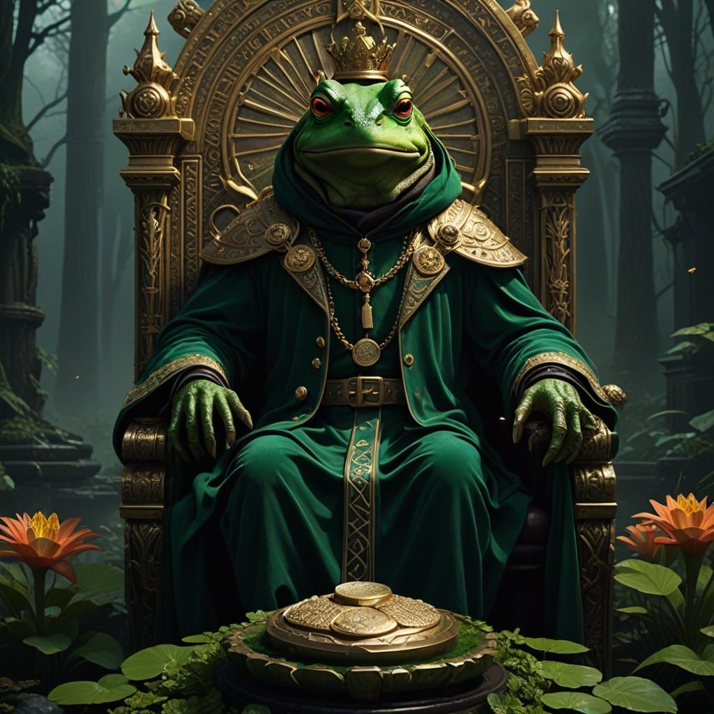 Regal Frog King in Emerald Velvet Robes Holds Ancient Coin o...