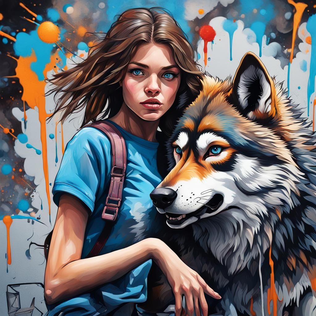 Girl Rides Black Wolf in Graffiti Art Style