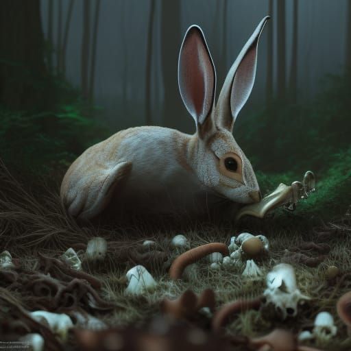 Jackrabbit Skull in Dark Forest: Hyperrealistic Digital Art