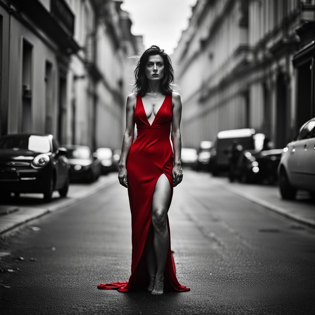 Woman in Red Dress: Black and White Portrait