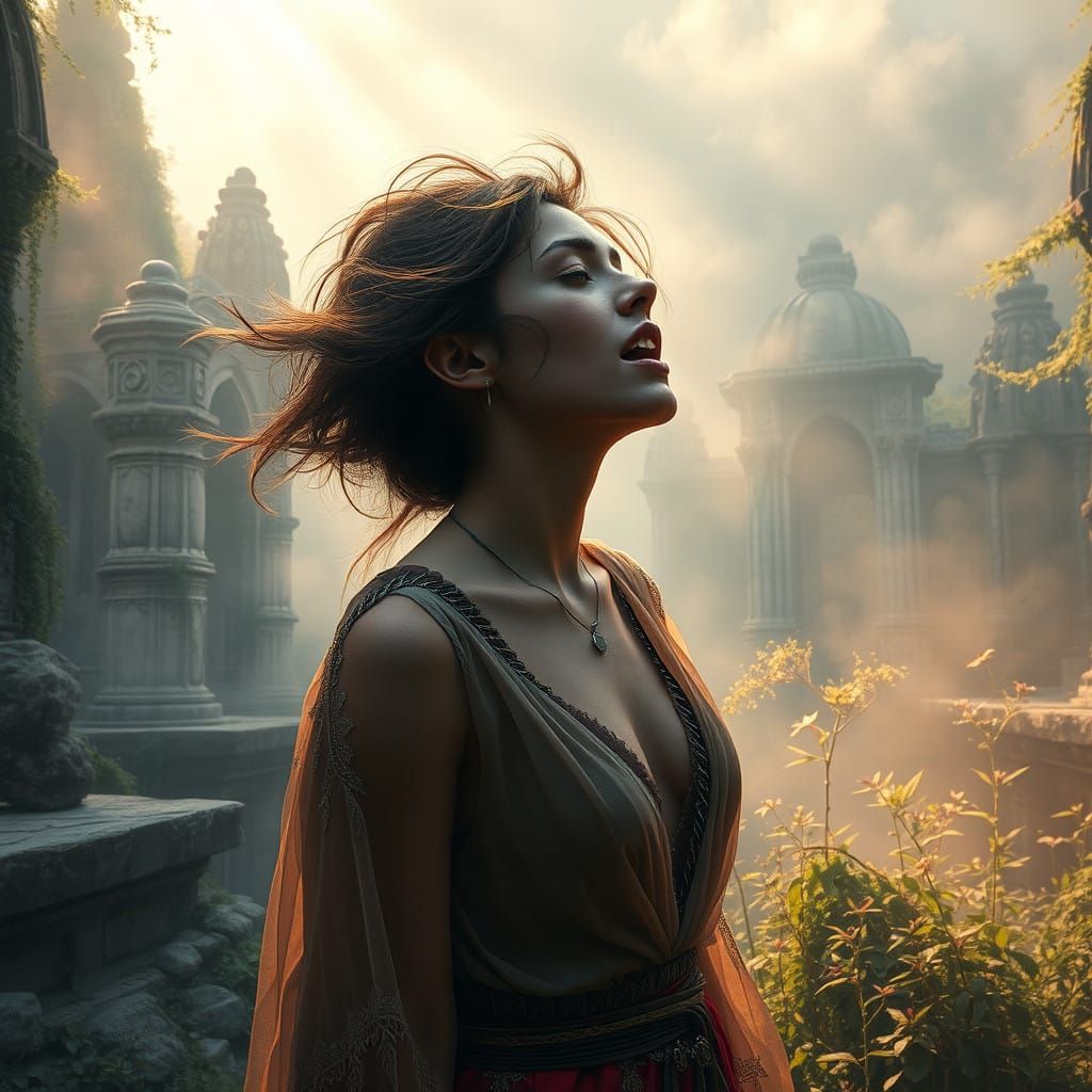 Ethereal Songstress Amidst Ancient, Mystical Ruins