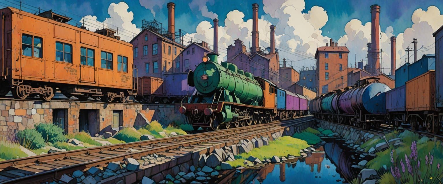 Industrial District in Watercolor, Ghibli Style