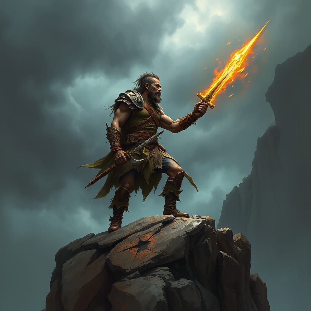 Battle-Worn Warrior with Flaming Sword on Cliffside