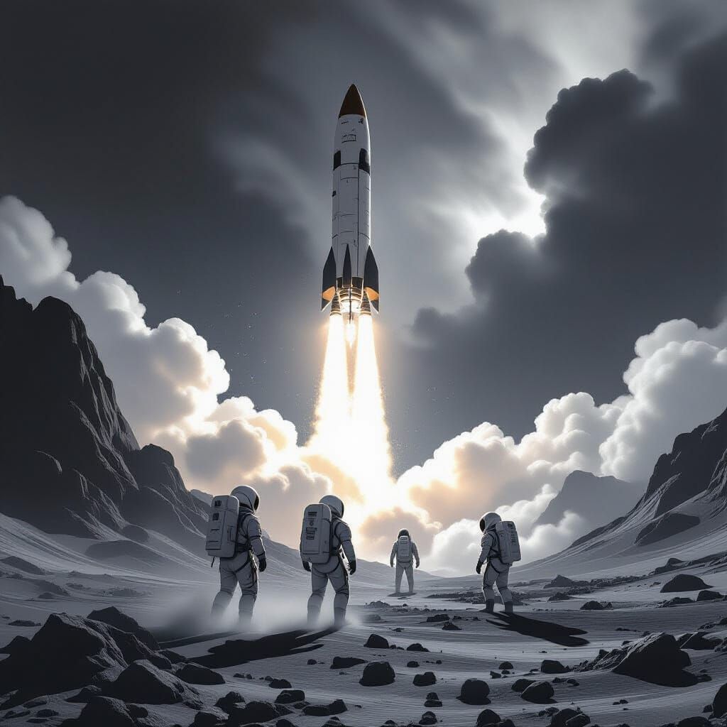 Rocket Lands on Mars in High Contrast Black & White