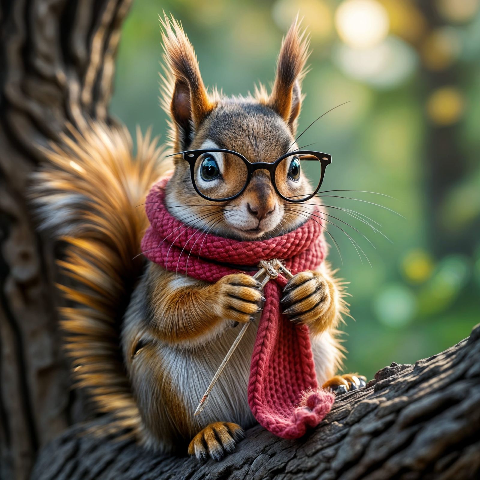 Photorealistic Squirrel in Glasses Knitting a Scarf