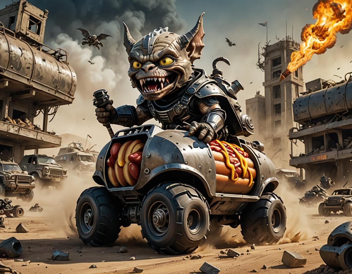 Chibi Gargoyle Races Hot Dog Tank in Wasteland