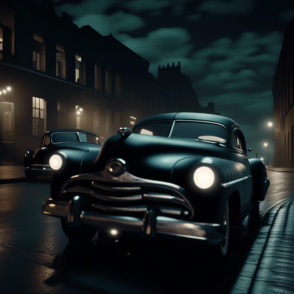 noir film scene, grotesque eerie 1950s classic cars in quiet...