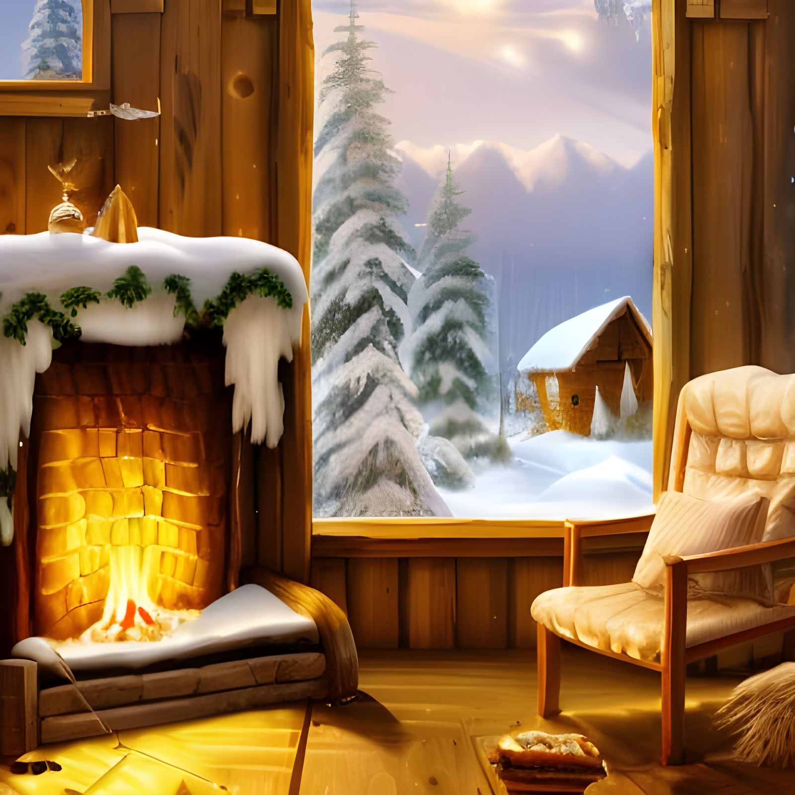 Cozy Christmas Cabin in Snowy Forest, Oil Painting
