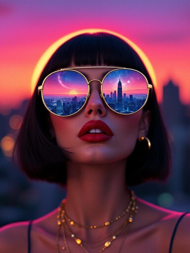 Woman Reflecting Cosmic Cityscape in Sunglasses
