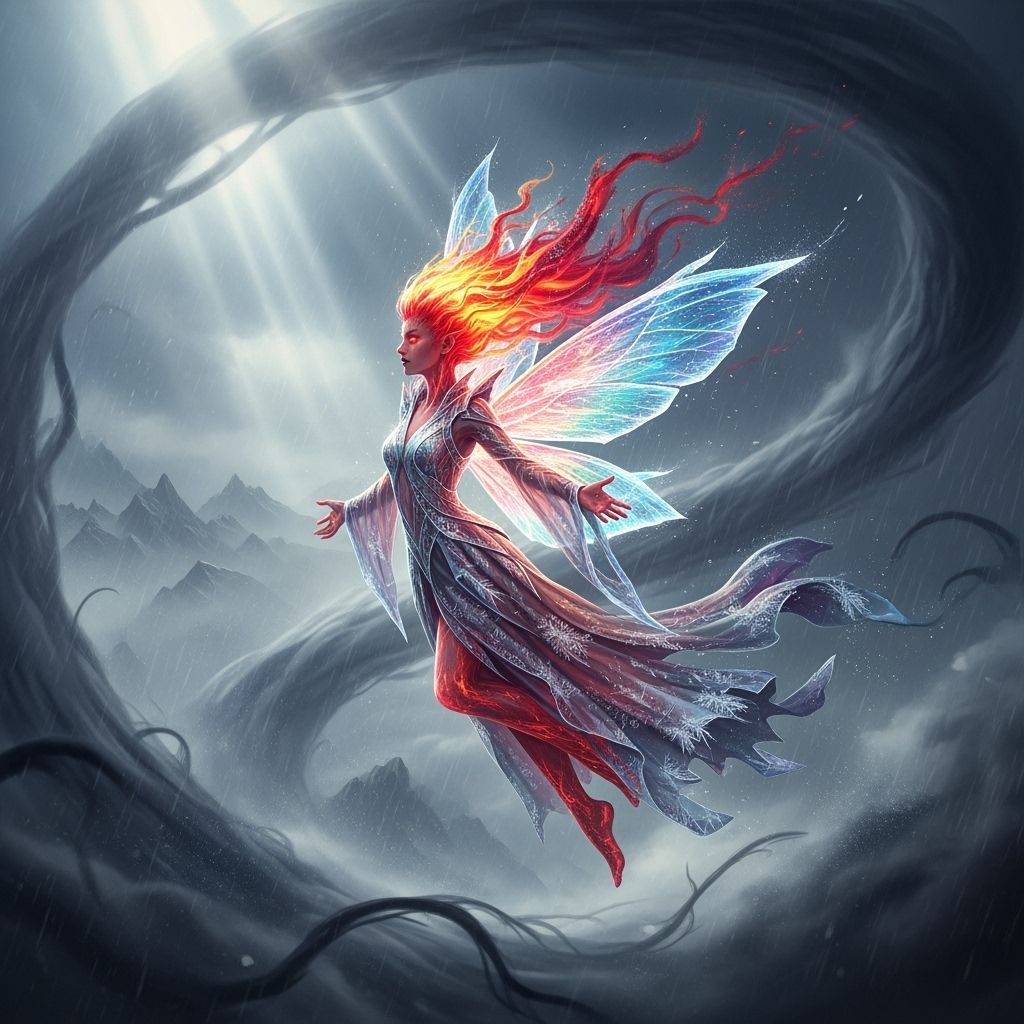 Vibrant Ice Fairy Soaring Through Stormy Mist